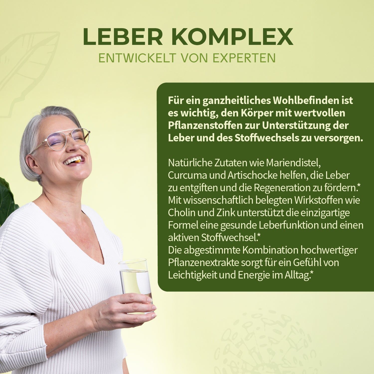 Frau mit Brille hält Glas und Flasche. Text: Leber Komplex, entwickelt von Experten. Text über Inhaltsstoffe.