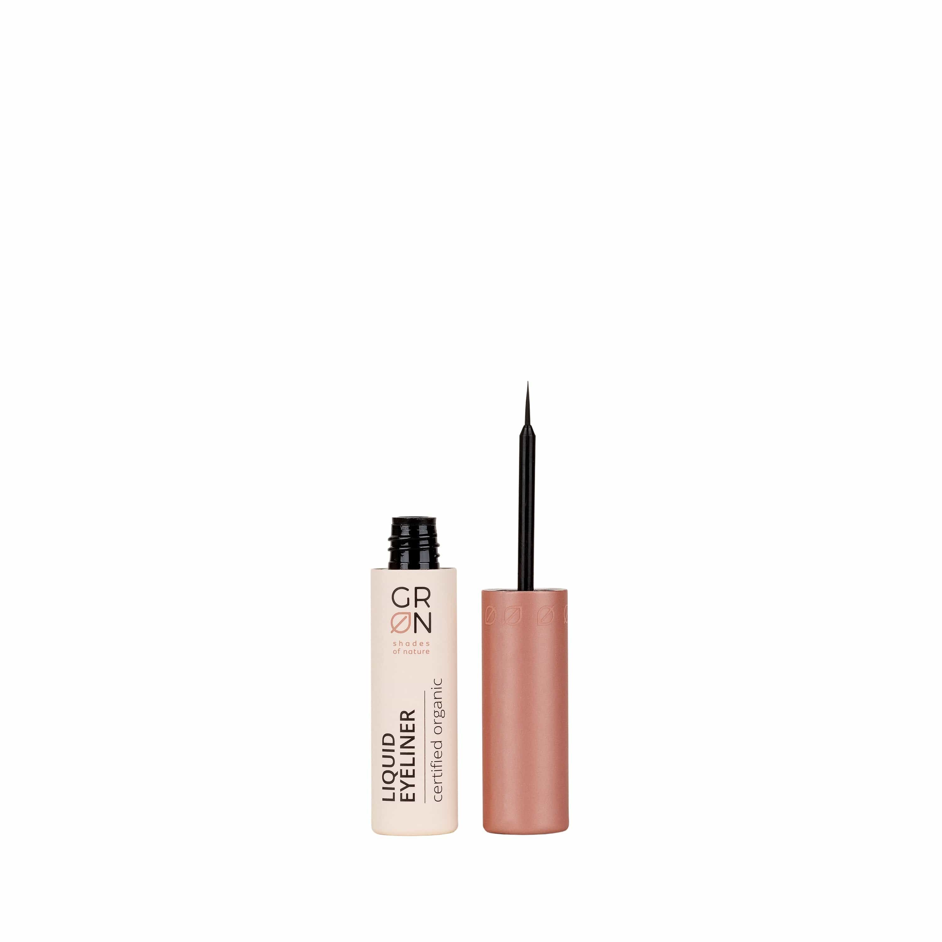 Flüssiger Eyeliner mit Pinsel. Geöffnete Flasche und Pinsel daneben. Aufschrift: GRN, Liquid Eyeliner, certified organic.