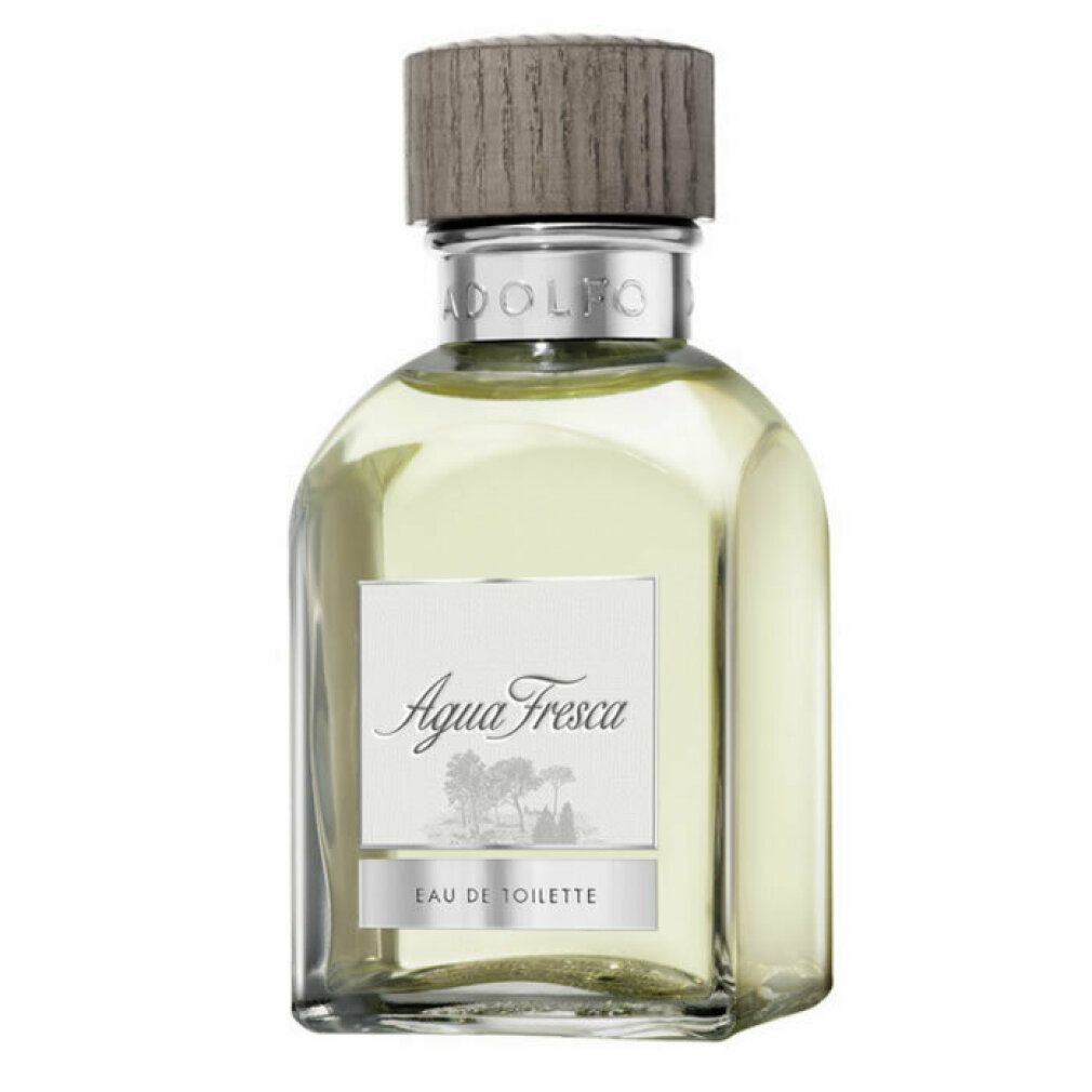 Glasflakon mit Holzdeckel. Aufschrift: Agua Fresca, Eau de Toilette. Flakon.