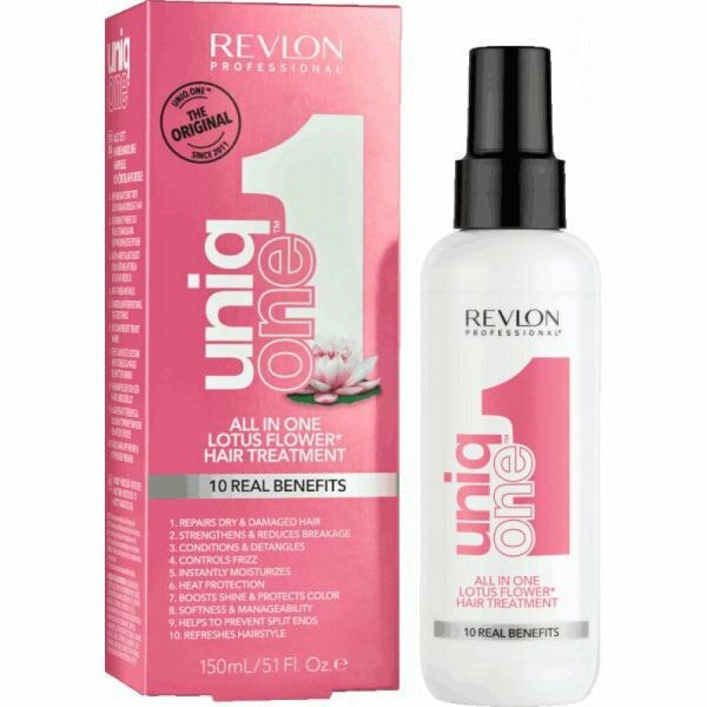 Haarkur-Flasche und Verpackung. Rosa und weiß. Aufschrift: Uniq One, Revlon Professional, Lotusblume, 10 Vorteile.