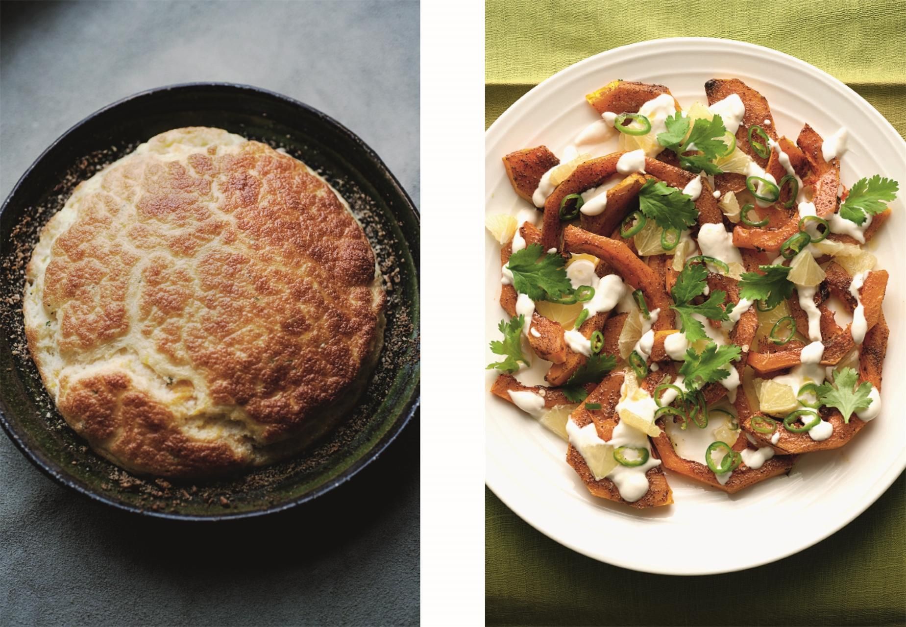 Kochbuchseite mit zwei Fotos: Brot in einer Pfanne und ein Gericht mit Süßkartoffeln und Kräutern.