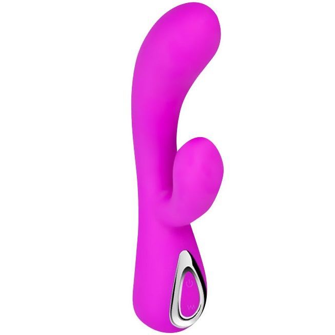 Lila Vibrator mit gebogener Form und zusätzlichem Vorsprung. Silberner Knopf. Auf weißem Hintergrund.