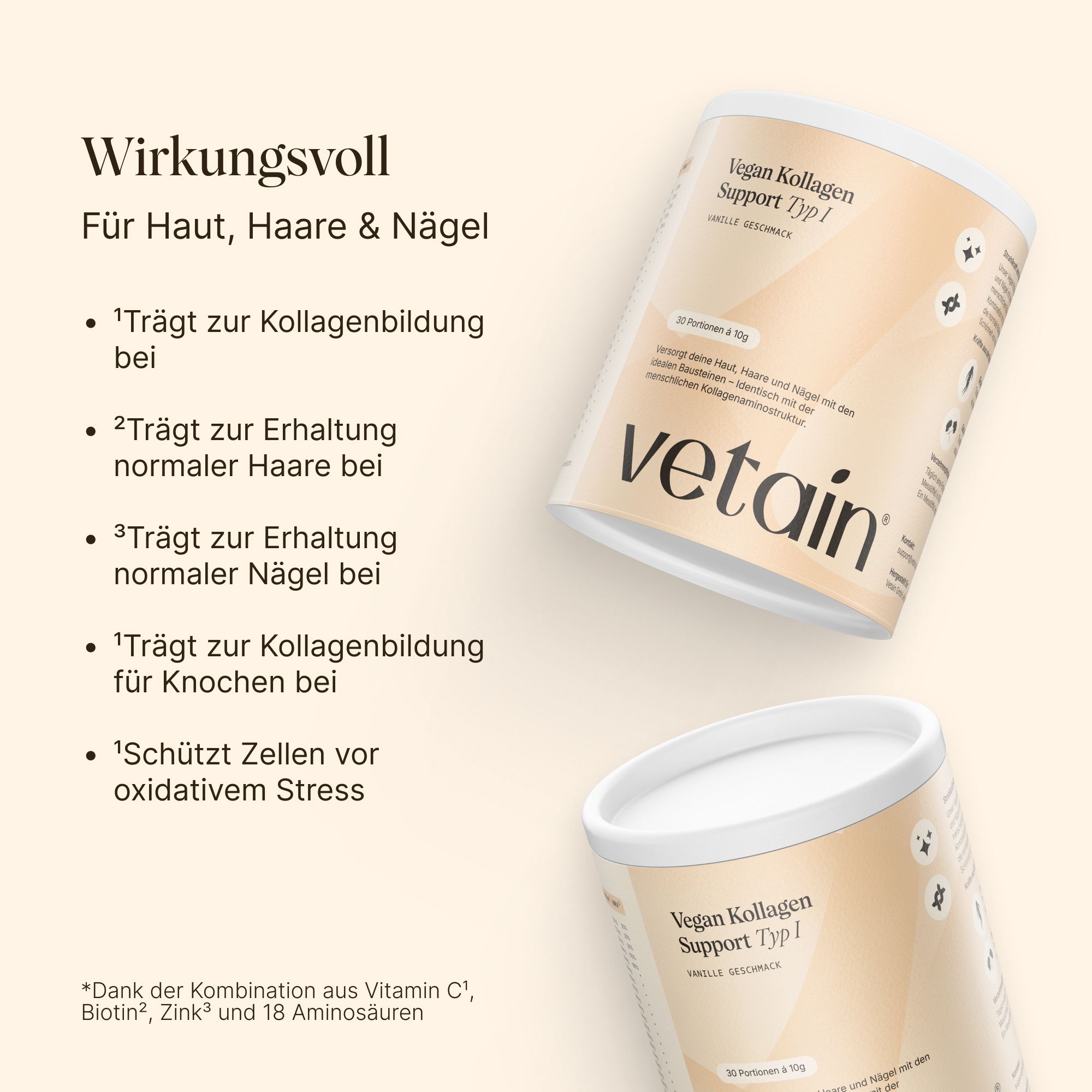 VETAIN Kollagen Pulver Vegan - Mit VeCollal®, Vitamin C, Zink, Biotin & Ginseng - Typ 1