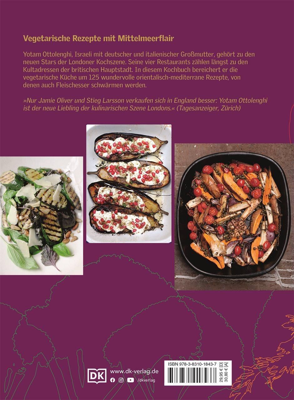 Rückseite des Kochbuchs "Genussvoll vegetarisch". Text und Fotos von vegetarischen Gerichten. DK-Logo.
