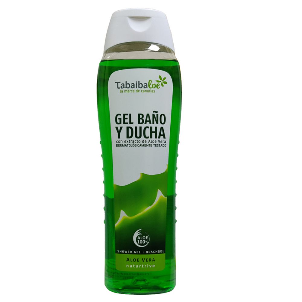 Grüne Duschgelflasche mit weißem Deckel. Aufschrift: Tabaibaloe, Gel Baño y Ducha, Aloe Vera. Dermatologisch getestet.