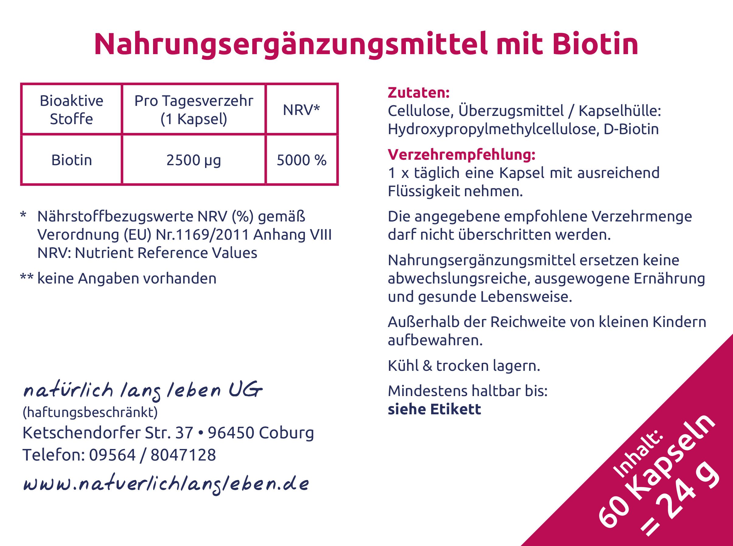 Etikett mit Informationen zu Nahrungsergänzungsmittel mit Biotin. Enthält Angaben zu Inhaltsstoffen und Verzehrempfehlung.