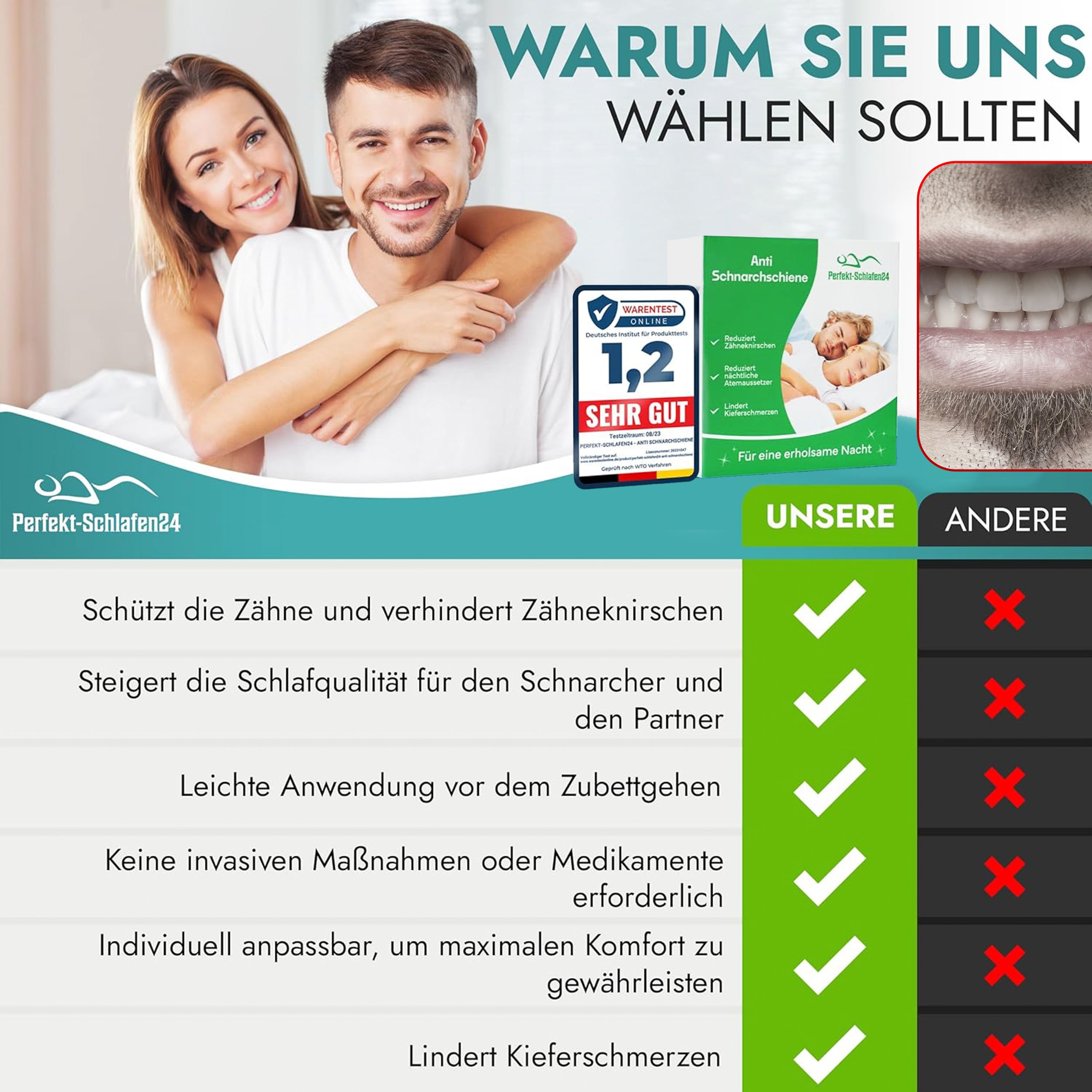 Vergleich: Unsere Anti-Schnarchschiene vs. Andere. Vorteile: Zahnschutz, Schlafqualität, einfache Anwendung, keine Medikamente, Komfort, Kiefer. Logo: Perfekt-Schlafen24.