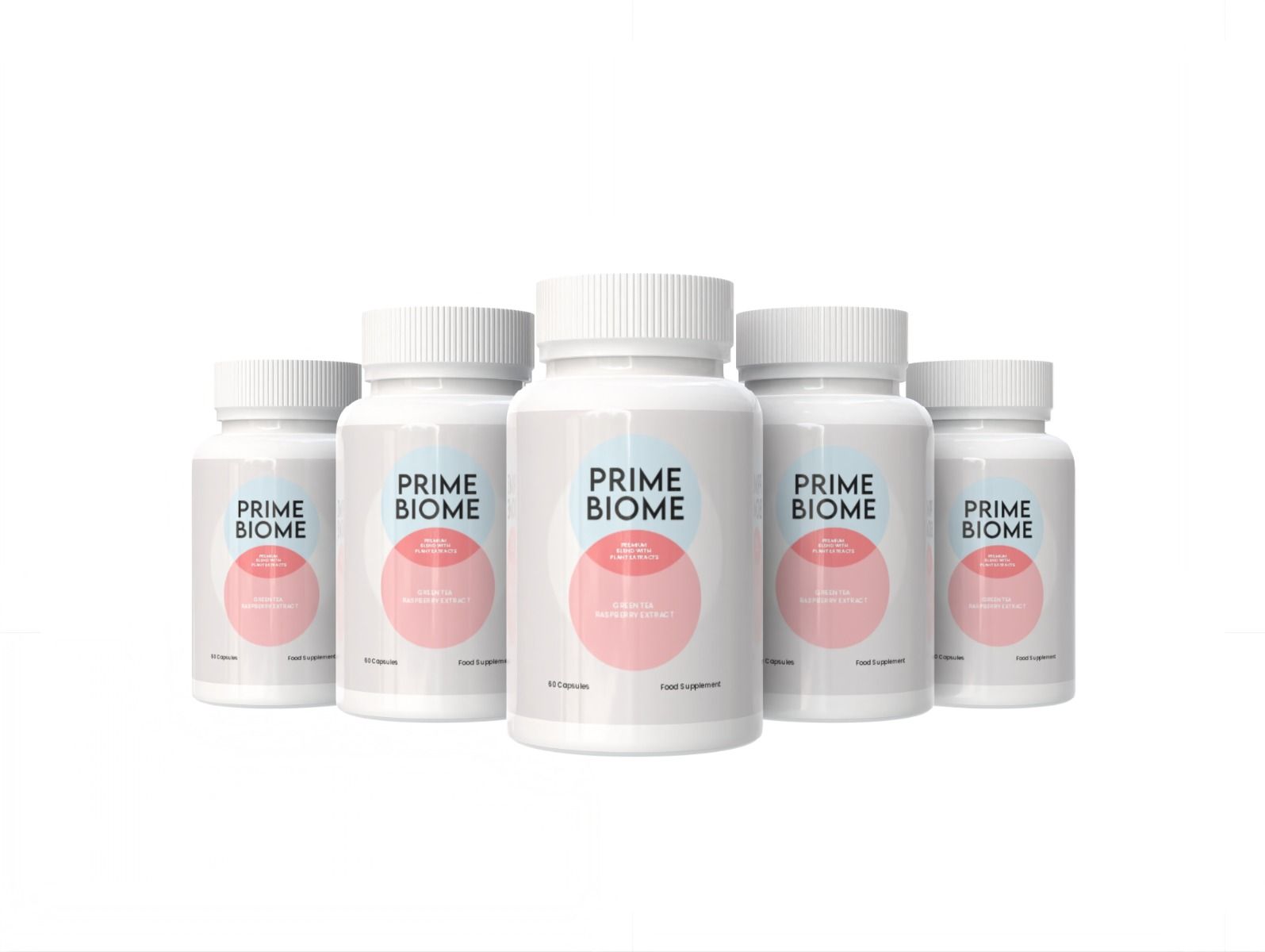Fünf Prime Biome-Flaschen nebeneinander. Weiße Flaschen mit blau-rosa Etikett. Produktname und Inhaltsstoffe.