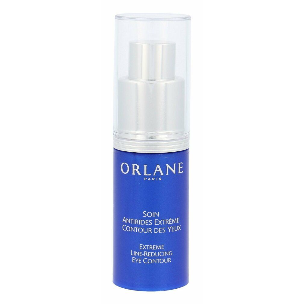 Blaue Flasche mit silberner Pumpe und durchsichtigem Deckel. Aufschrift: ORLANE PARIS, SOIN ANTIRIDES EXTRÊME CONTOUR DES YEUX, EXTREME LINE-REDUCING CARE EYE CONTOUR.