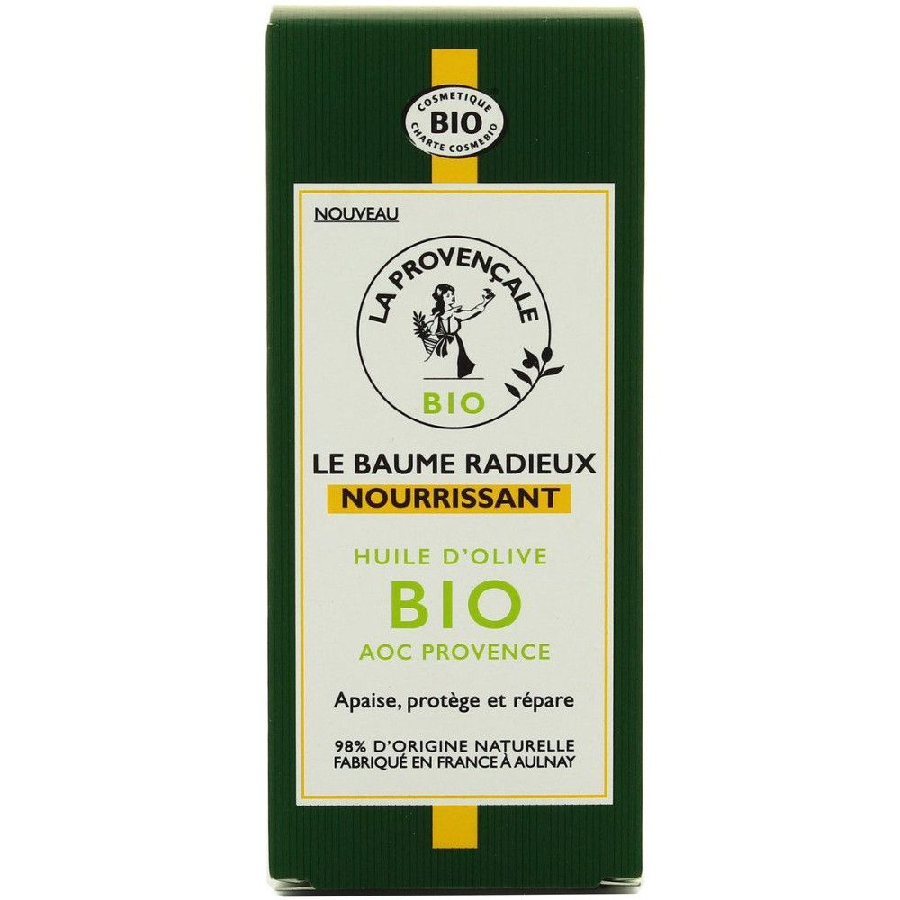 Grüne Verpackung mit weißem Etikett. Text: La Provençale Bio, Le Baume Radieux Nourrissant, Bio-Olivenöl. Bio-Siegel.