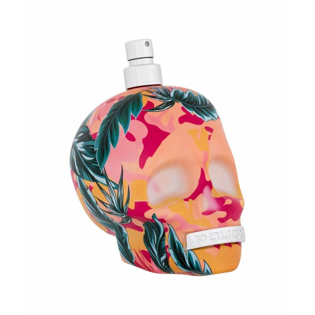Parfümflakon in Totenkopfform mit tropischem Muster in Pink-, Orange- und Grüntönen.