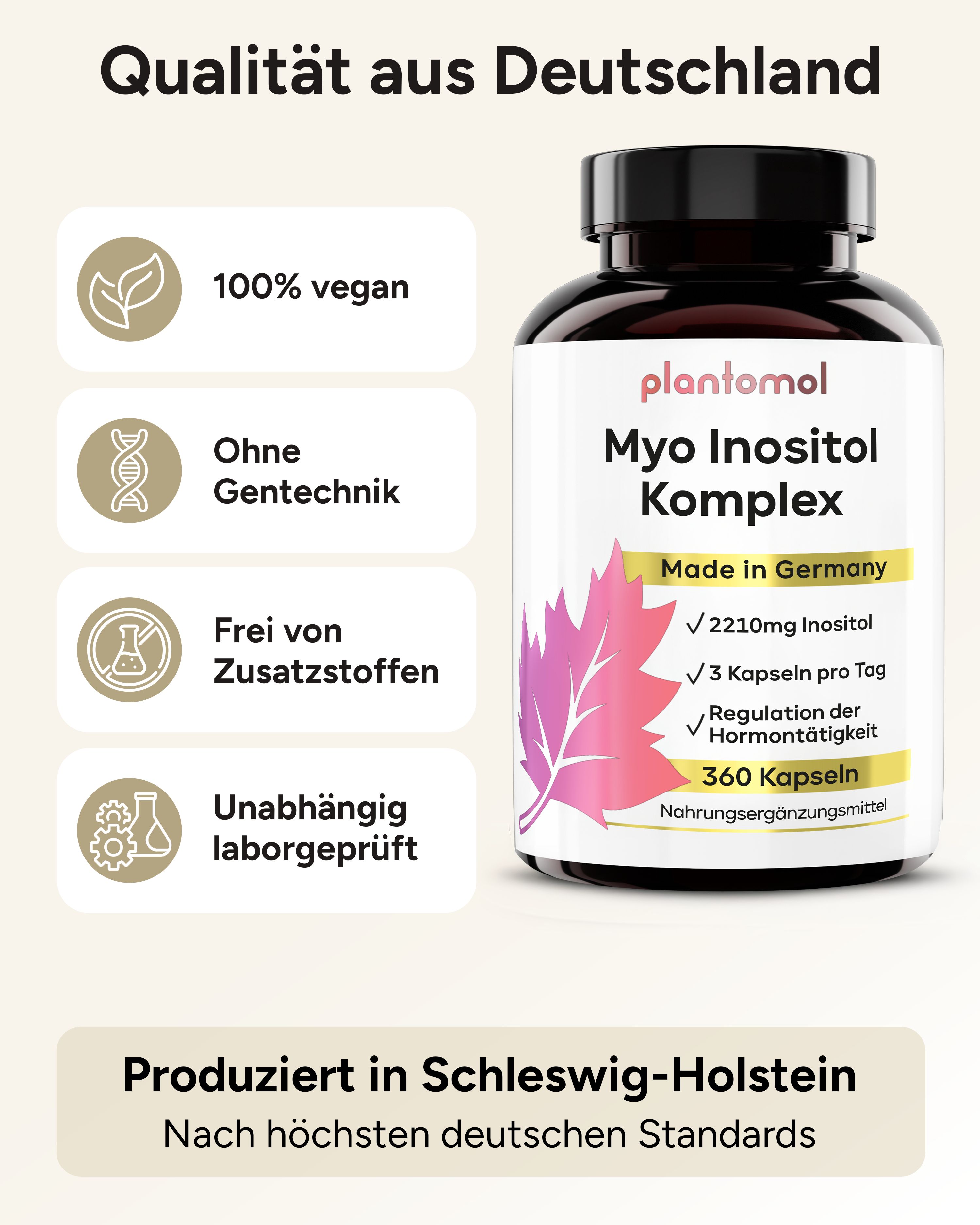 Produktflasche mit Labeln: 100% vegan, ohne Gentechnik, frei von Zusatzstoffen, unabhängig laborgeprüft. Hergestellt in Deutschland.