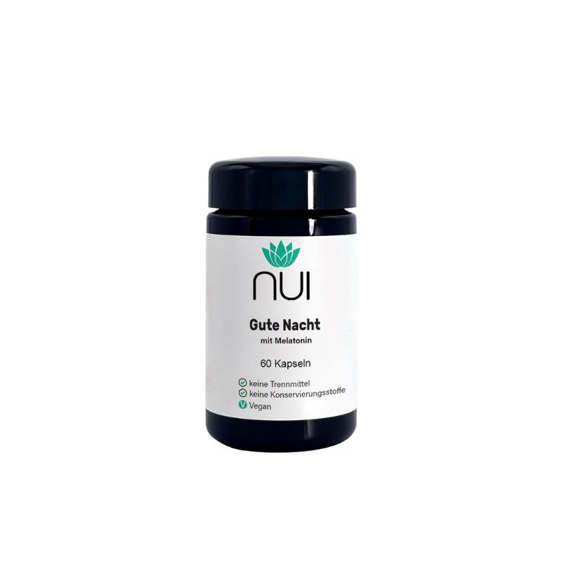 Dunkle Dose mit NUI-Logo und Aufschrift 'Gute Nacht mit Melatonin'. Enthält 60 Kapseln. Vegan.