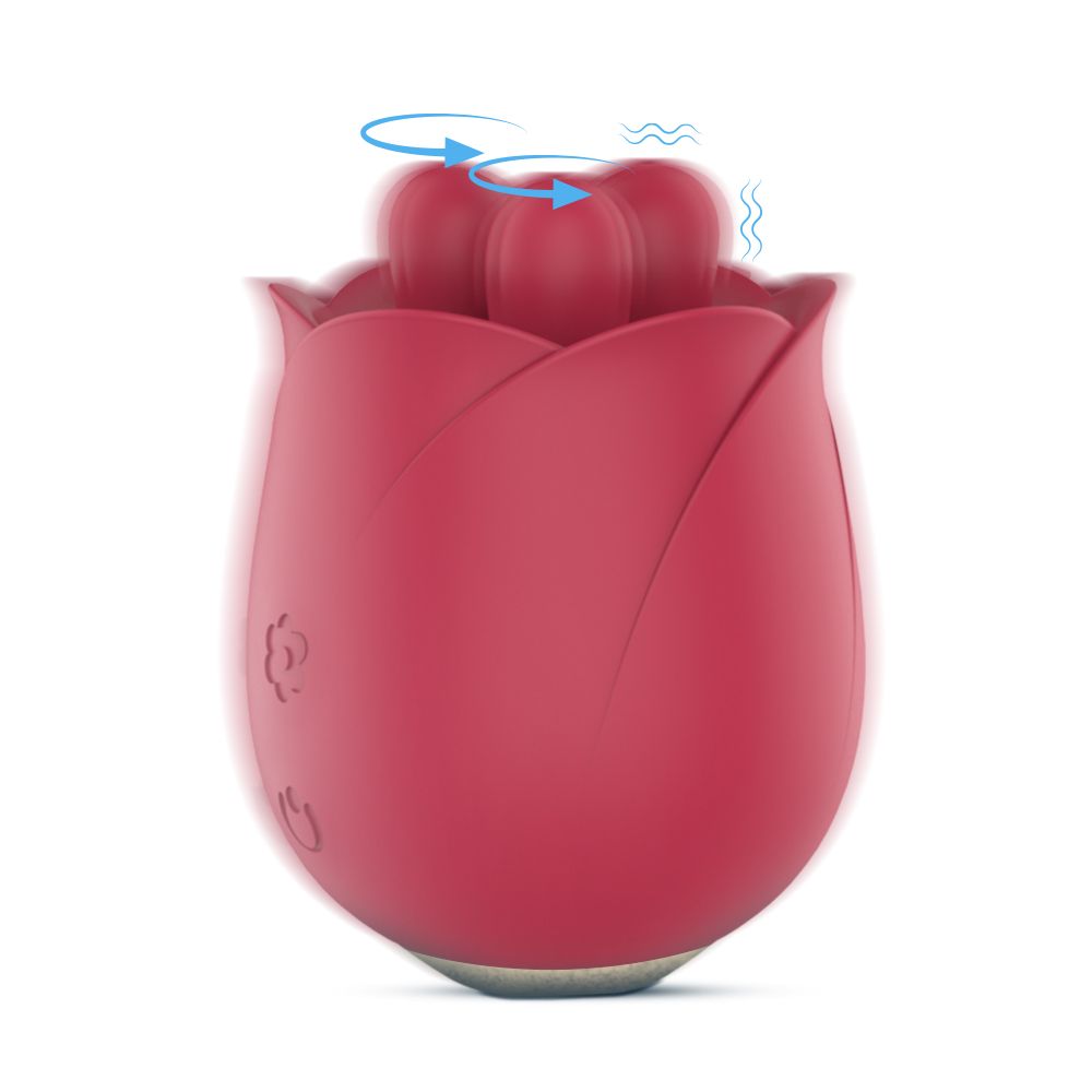 Roter Vibrator in Blütenform. Oben sind drei runde Elemente zu sehen. Pfeile zeigen Rotation und Vibration an. Auf der Oberfläche befinden sich Knöpfe.
