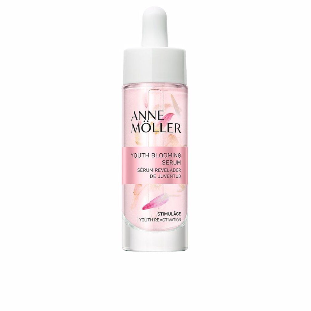 Serumflasche mit weißem Deckel und Pipette. Rosa Flüssigkeit mit Blütenblättern. Text: Anne Möller, Youth Blooming Serum, Stimulâge.
