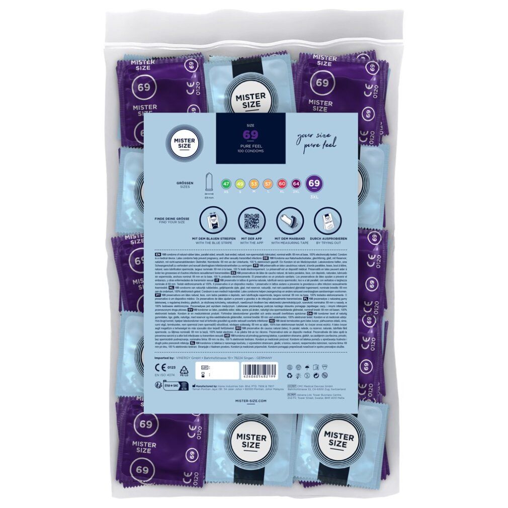 Beutel mit Kondomen. Rückseite der Verpackung mit Informationen. "Mister Size 69" ist sichtbar. Einzelne Kondome in Folie verpackt.