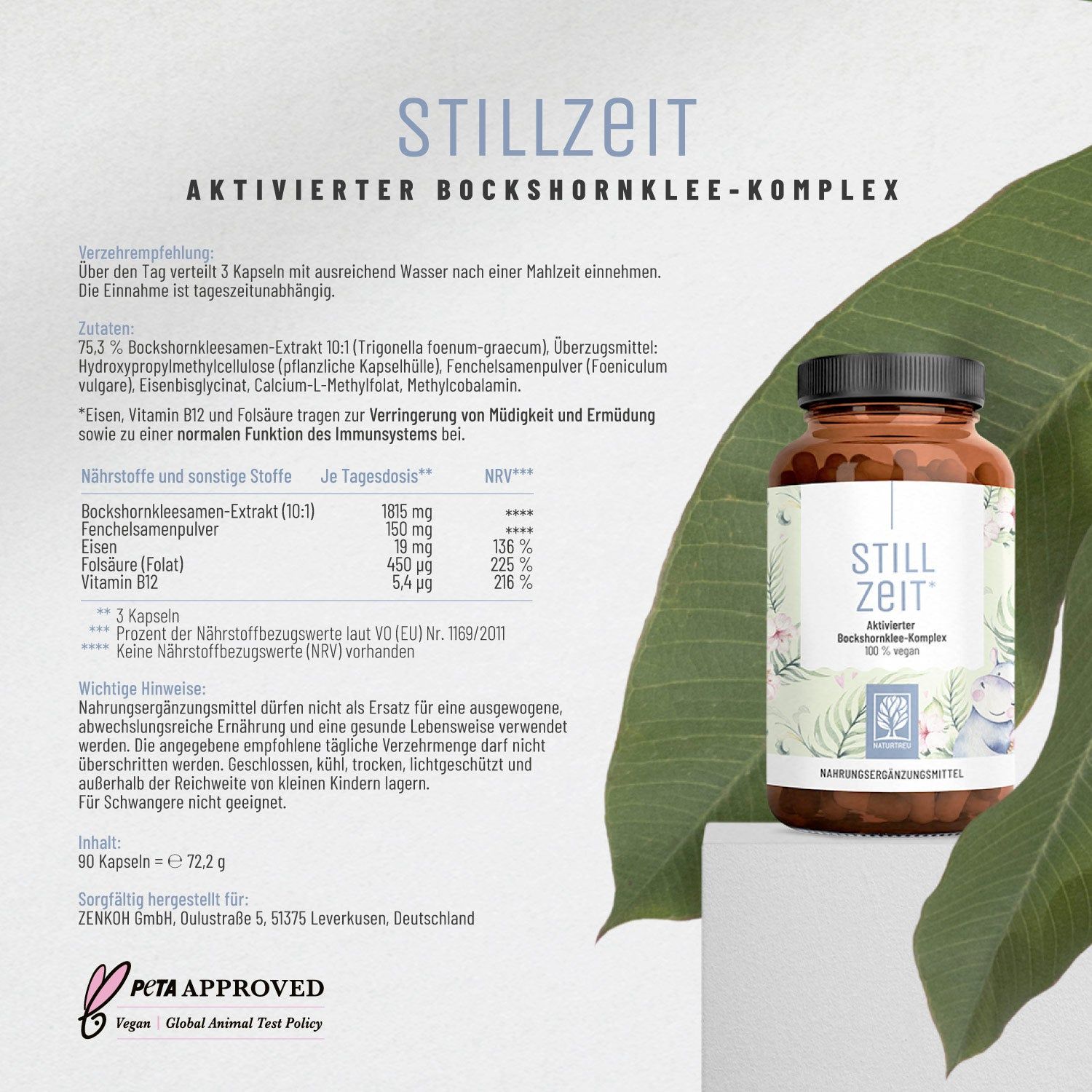 Braune Flasche mit "STILL ZEIT"-Aufdruck. Text: Aktivierter Bockshornklee-Komplex. PETA-Siegel.