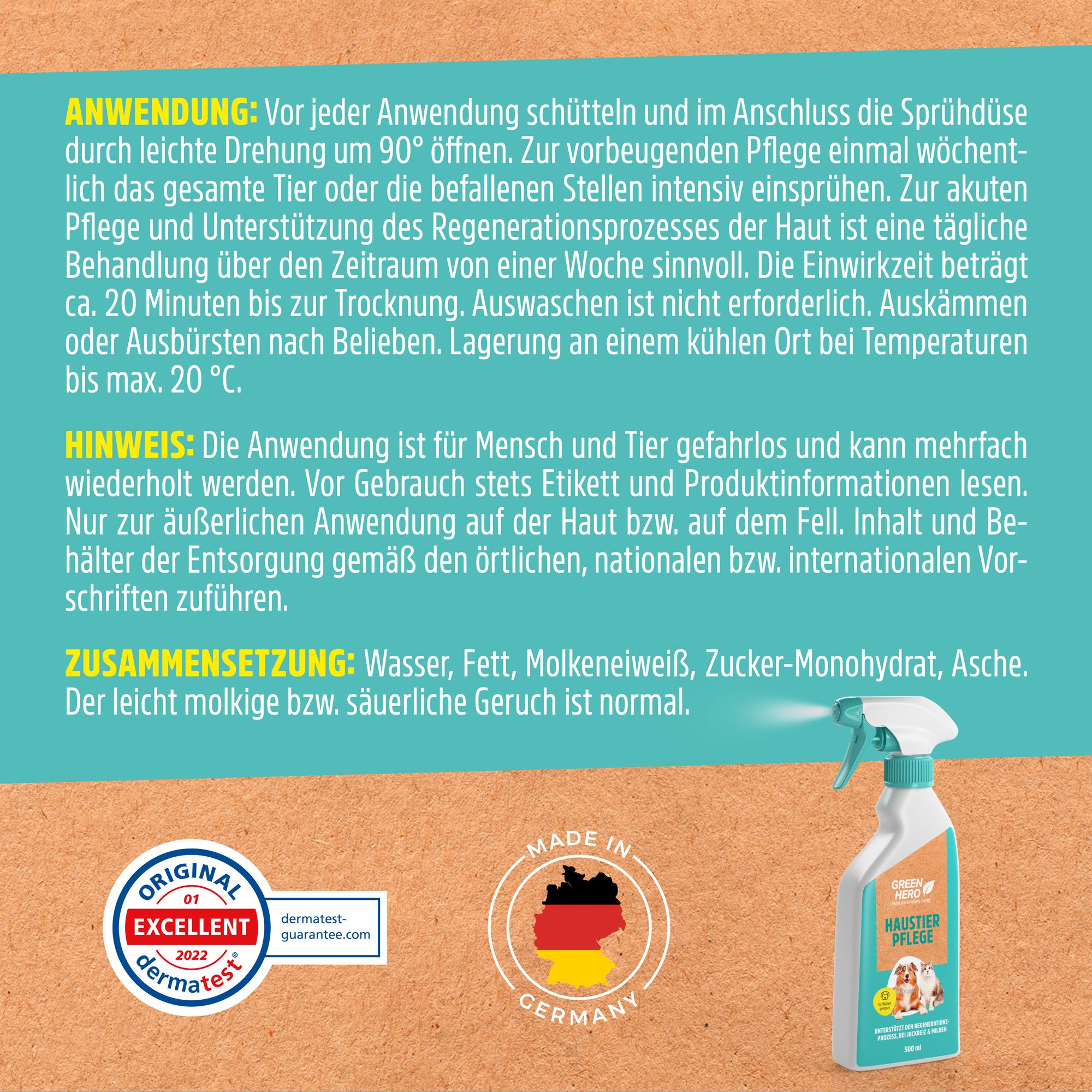 Text und Flasche "Green Hero Haustier Pflege". Text: Anwendung, Hinweise, Zusammensetzung. Logo: Original Excellent Dermatest. Made in Germany.