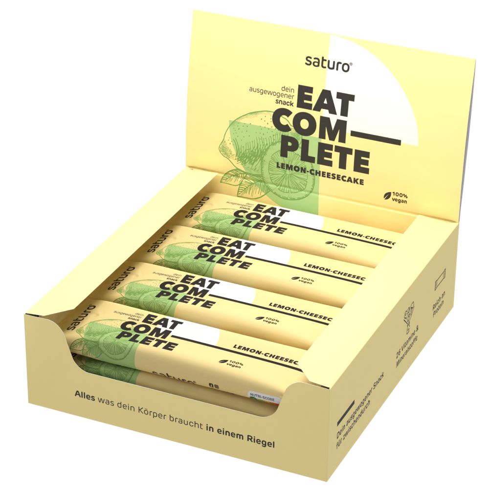 Verpackung mit Saturo Energieriegeln, Sorte Lemon-Cheesecake. Aufschrift: Eat Complete, vegan.
