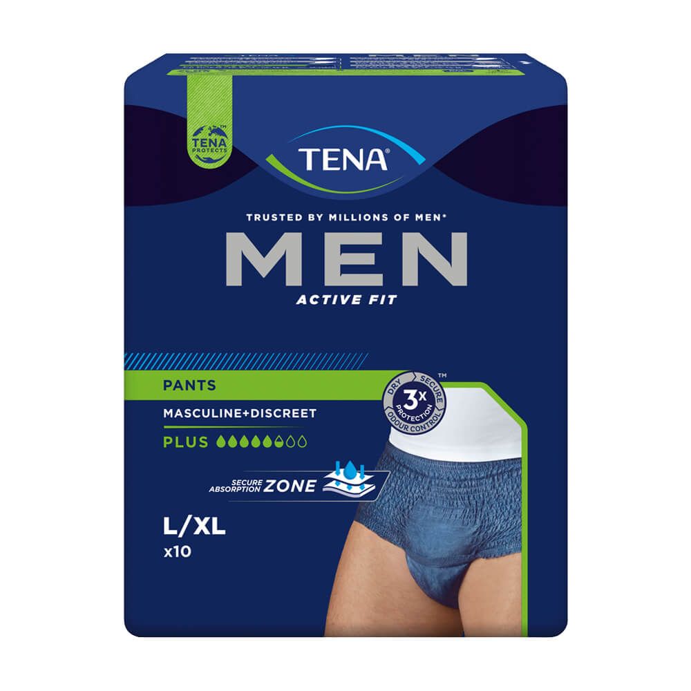 TENA MEN Active Fit Pants Plus L/XL-Verpackung. Blaue Verpackung mit Produktabbildung und Text: TENA MEN, Pants, L/XL.