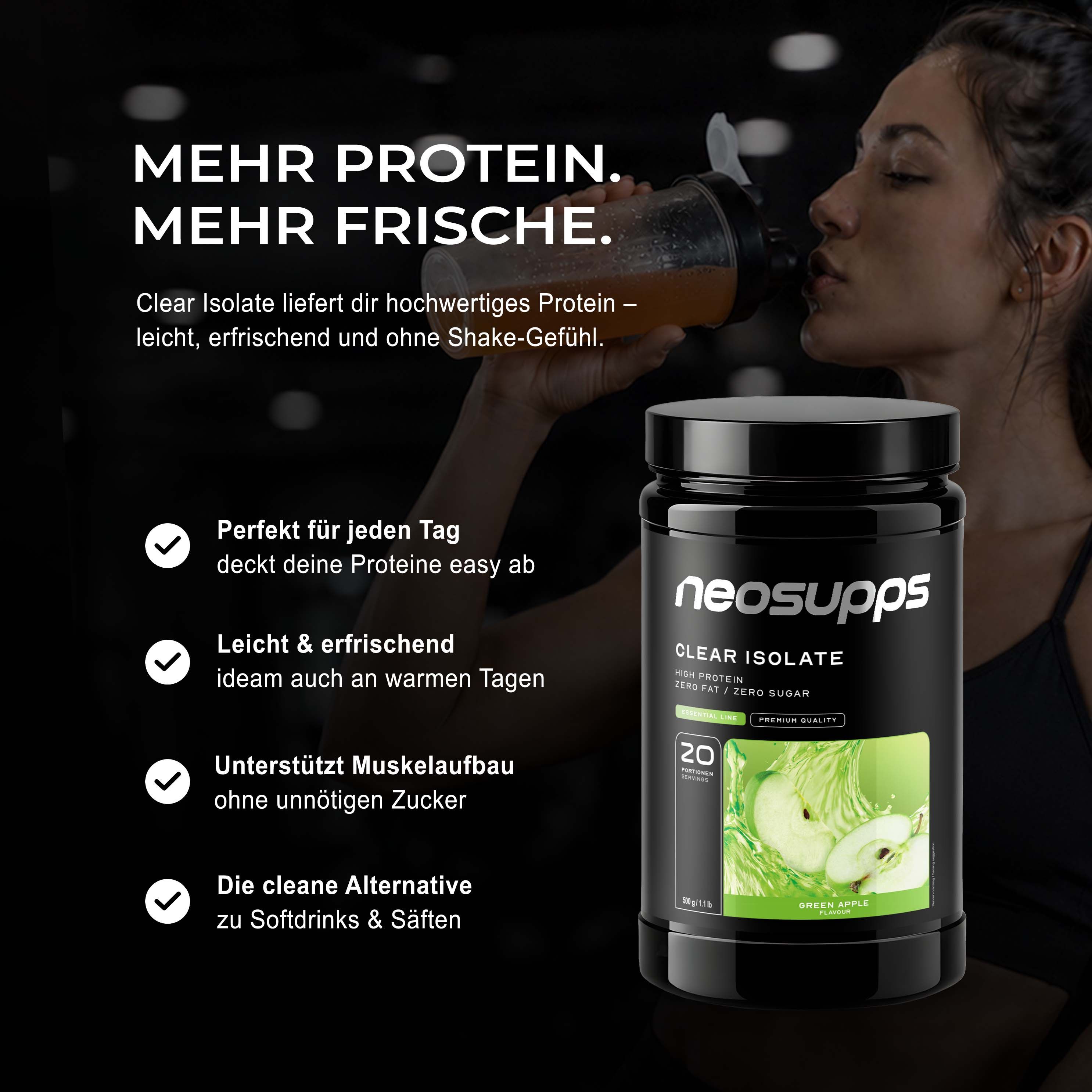 Neosupps Clear Whey Isolat Protein Pulver, 500g, Green Apple Geschmack