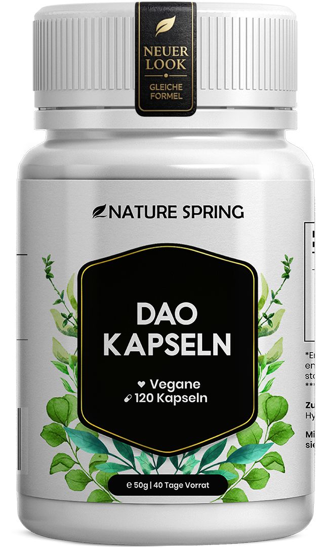 Nature Spring DAO Kapseln: Weiße Flasche mit schwarzem Etikett, 120 vegane Kapseln.