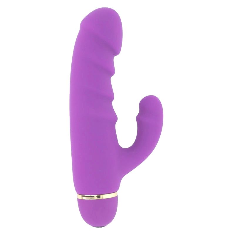 Lila Vibrator mit geriffelter Oberfläche und gebogener Form. Goldfarbener Ring am unteren Ende.