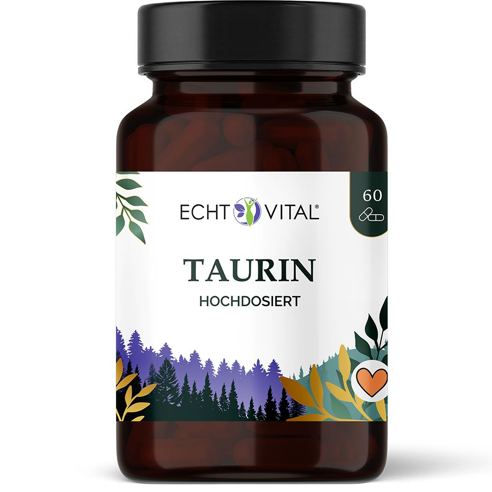 Braune Glasflasche mit Echt Vital Taurin Hochdosiert Etikett und Waldmotiv.