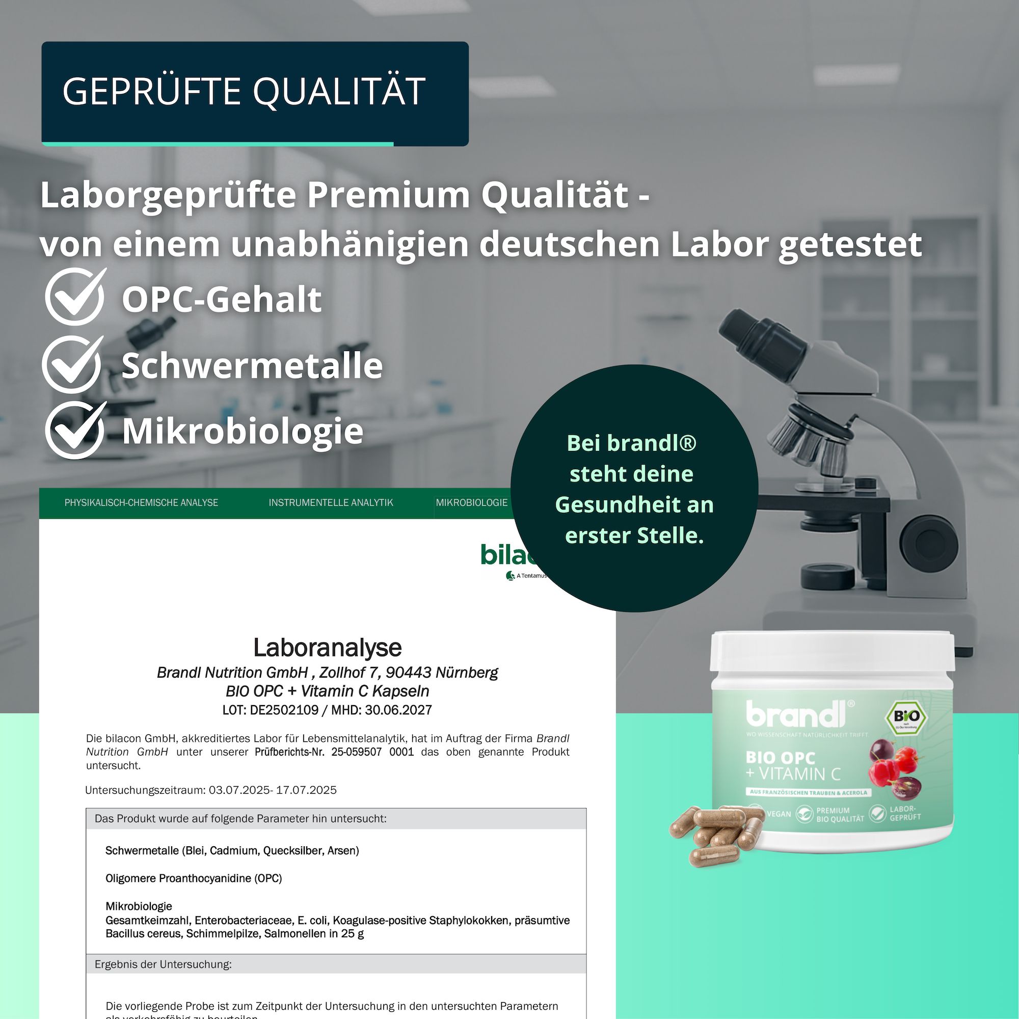 Produktglas, Kapseln und Mikroskop. Text: Laboranalyse. OPC-Gehalt, Schwermetalle, Mikrobiologie.