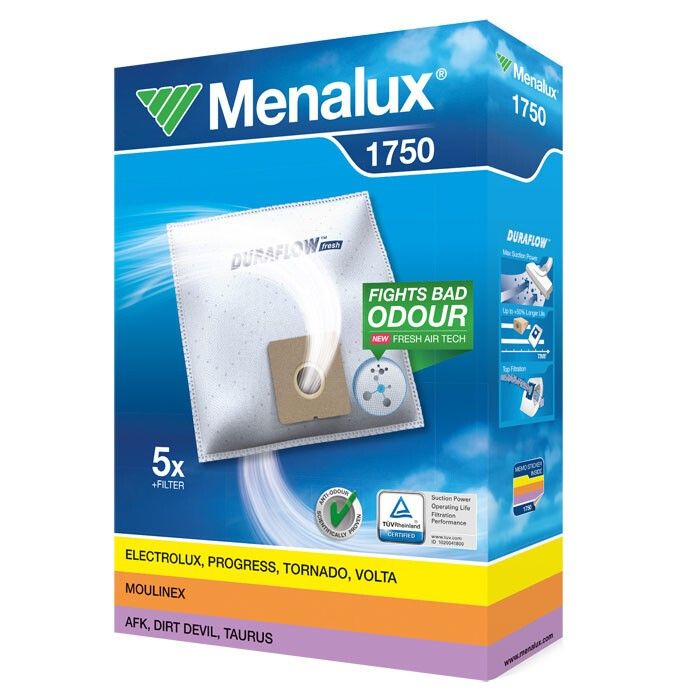 Verpackung mit MENALUX 1750 Staubbeuteln. Enthält 5 Filter. Mit Logos und Text.