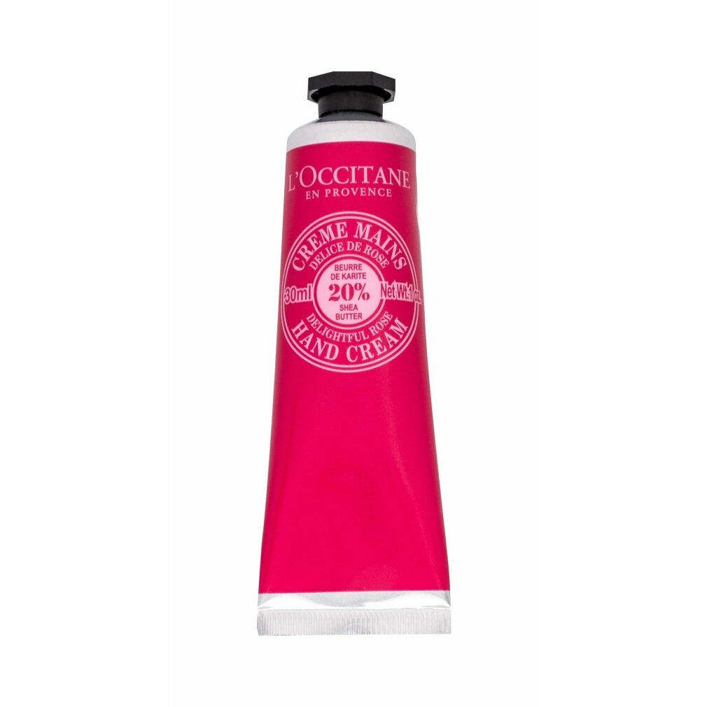 Rosa Handcreme-Tube mit schwarzem Deckel. Text: L'Occitane, Crème Mains, Delice de Rose, 20% Shea Butter.