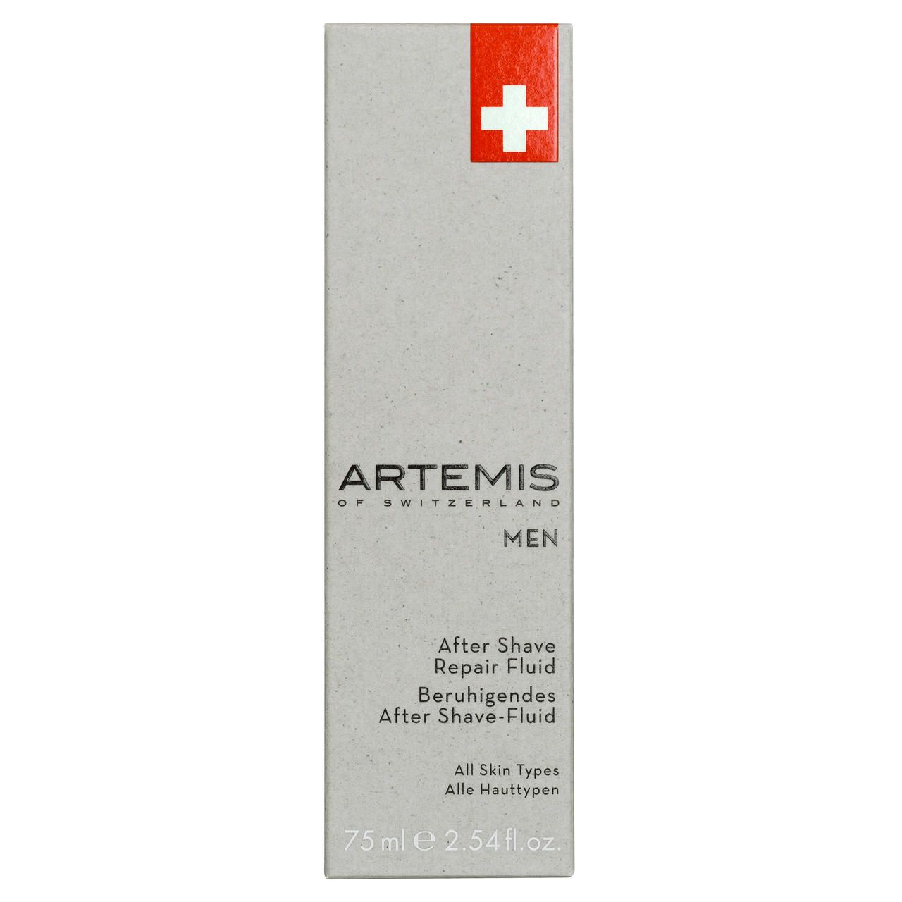 Graue Verpackung mit rotem Schweizer Kreuz. Text: ARTEMIS, MEN, After Shave Repair Fluid. Für alle Hauttypen. 75 ml.