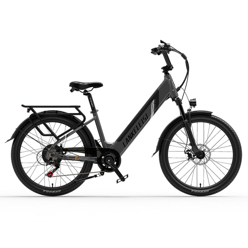 Graues E-Bike mit schwarzem Rahmen, Gepäckträger und Scheinwerfer. Lankeleisi.