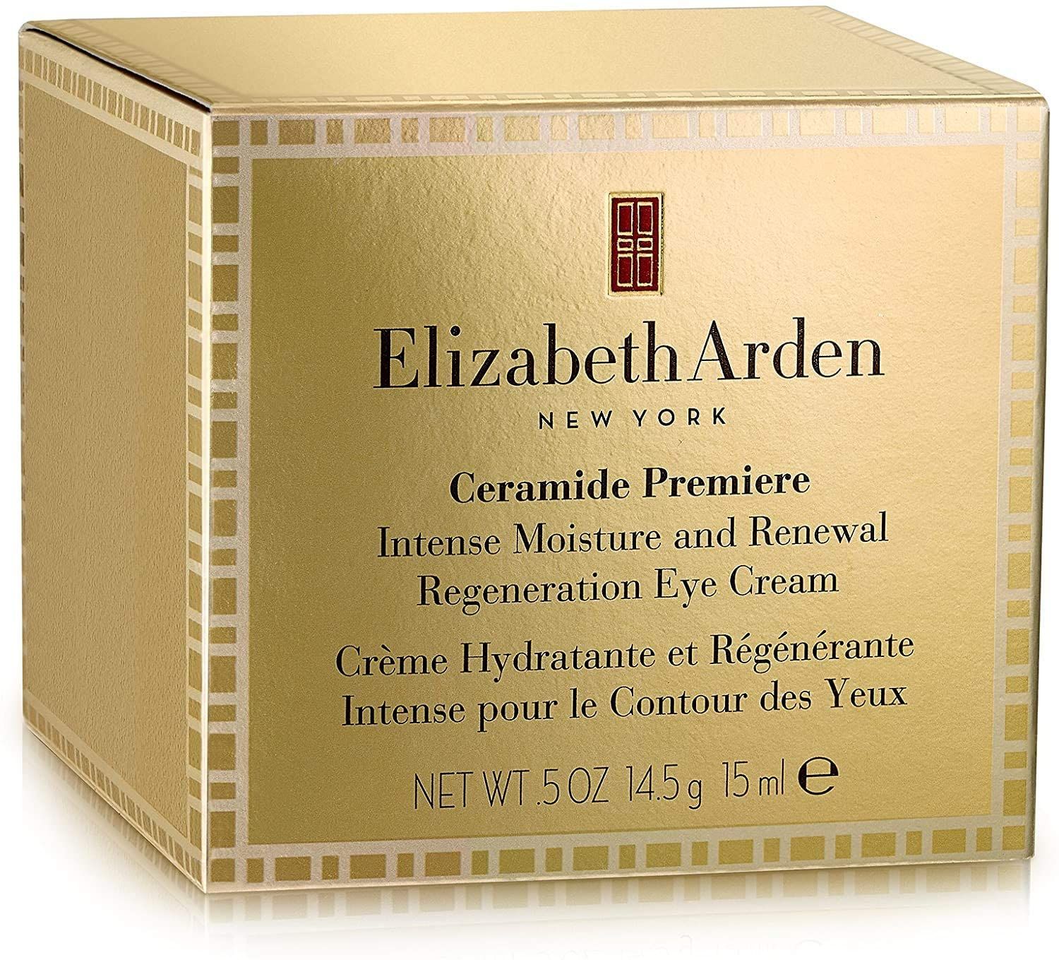Goldfarbene Schachtel mit Produktinformationen. Auf der Schachtel steht Elizabeth Arden. Auf weißem Hintergrund.