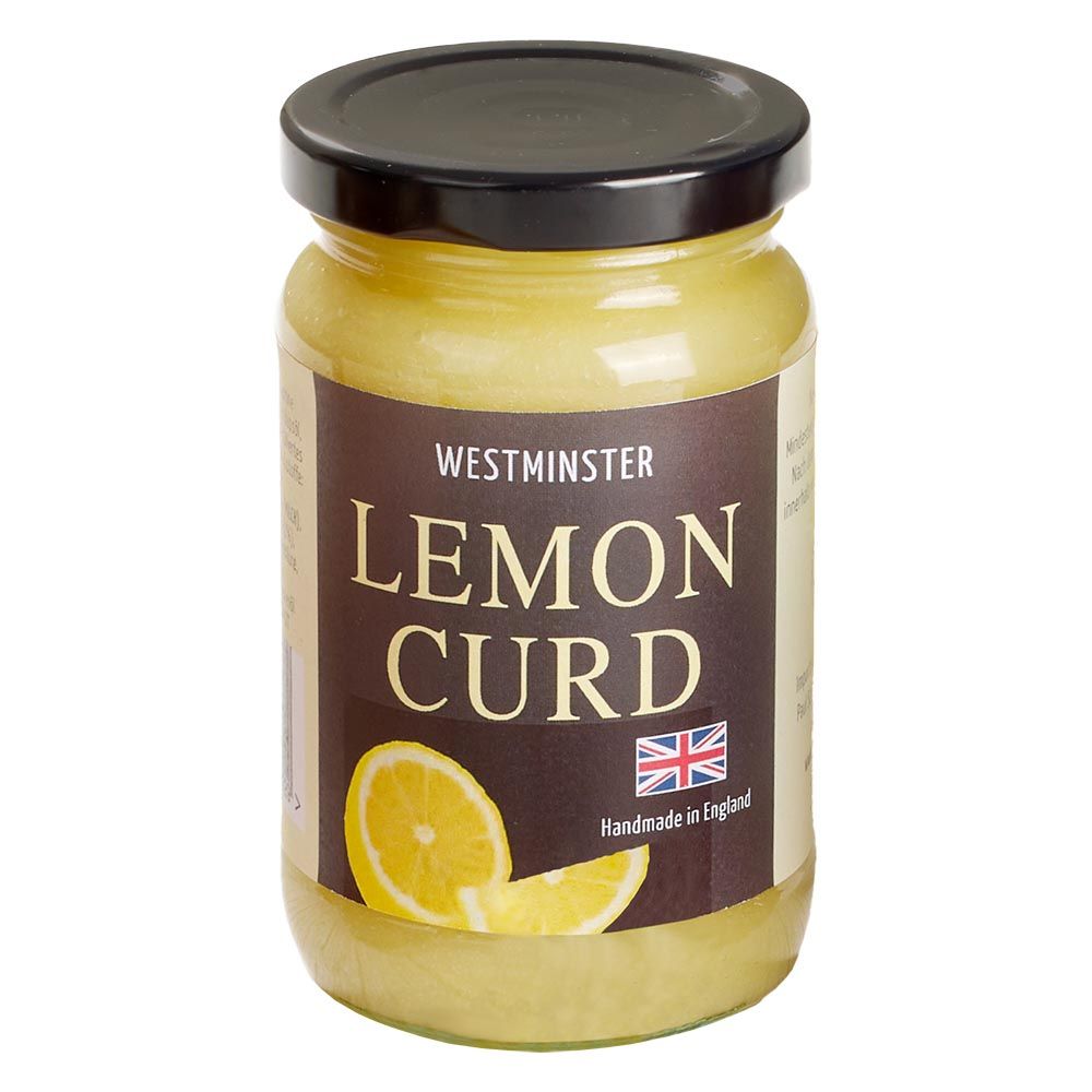 Glas mit Westminster Lemon Curd. Braunes Etikett mit Produktname, Zitrone und Union Jack. Schwarzer Deckel.