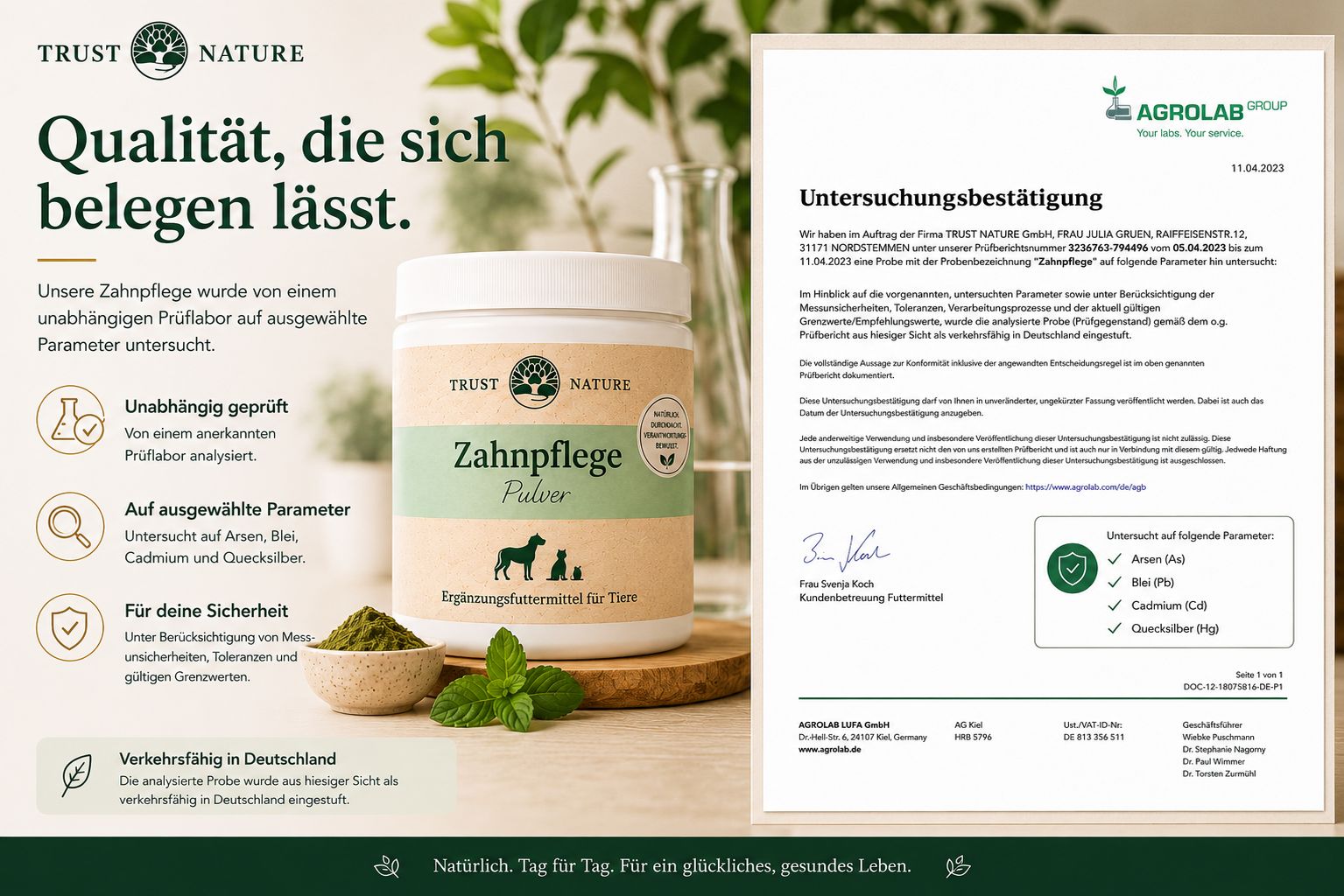 Trust Nature Zahnpflege Pulver Dose mit Untersuchungsergebnis.