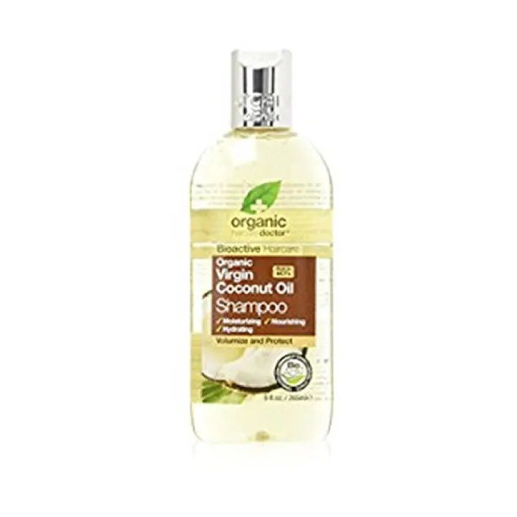 Dr. Organic Virgin Coconut Oil Shampoo. Flasche mit silbernem Deckel. Braunes Etikett mit Produktinformationen und Kokosnuss-Abbildung.