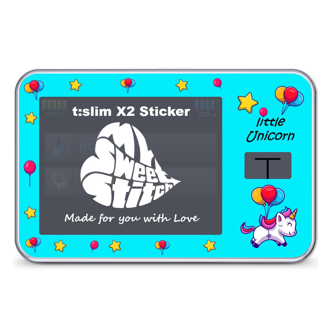 Türkisfarbener Sticker mit Display. Sterne, Ballons und Einhorn. Text: "t:slim X2 Sticker", "little Unicorn", "Made for you with Love". Logo: MySweetStitch.
