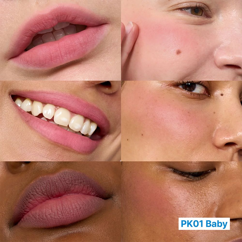 Lippen und Wangen in verschiedenen Hauttönen. PK01 Baby-Farbton. Rosa getönte Lippen und Wangen. Verschiedene Ansichten.