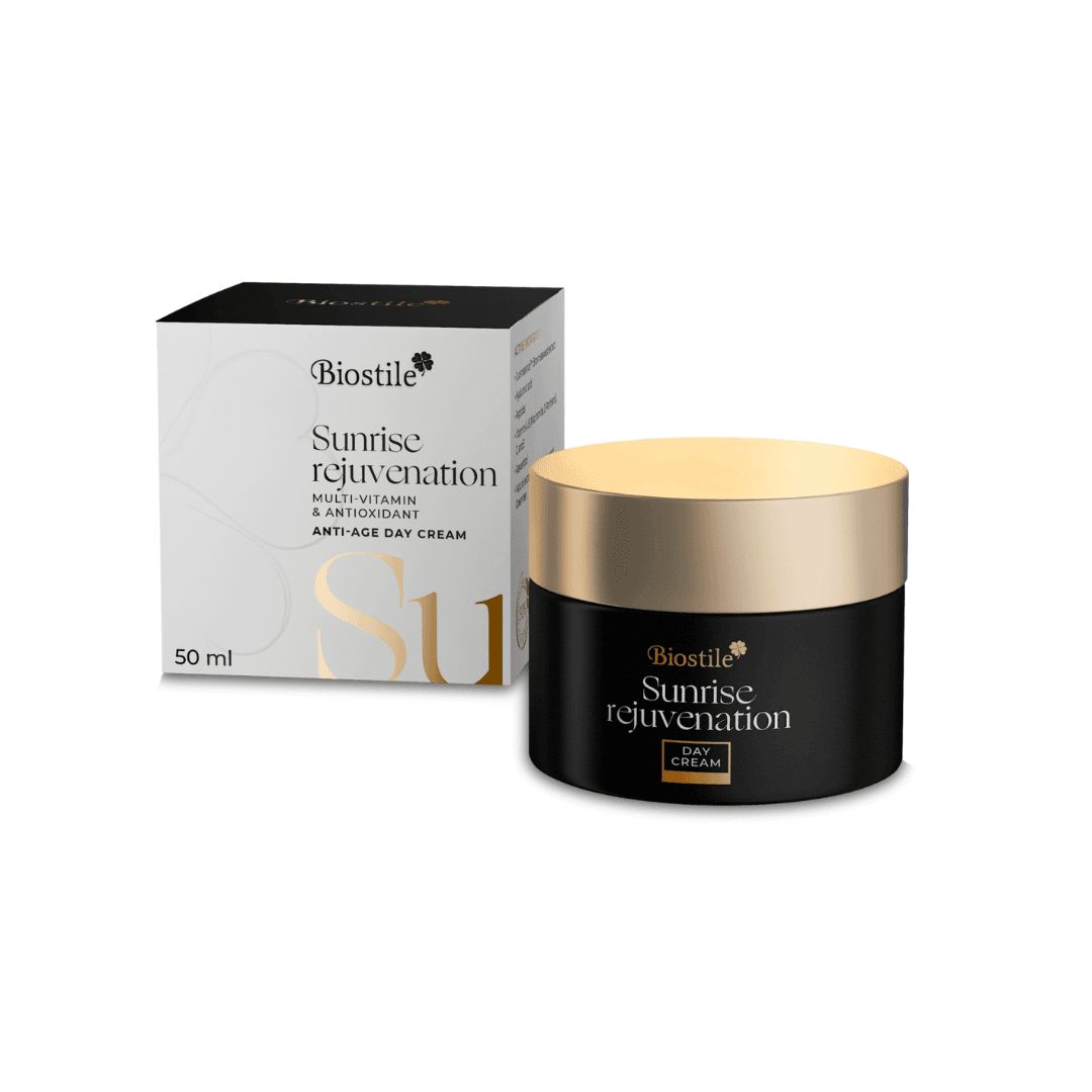 Vaso di crema nero con coperchio dorato e confezione. Scritta: Sunrise Rejuvenation, Anti-Age Day Cream.