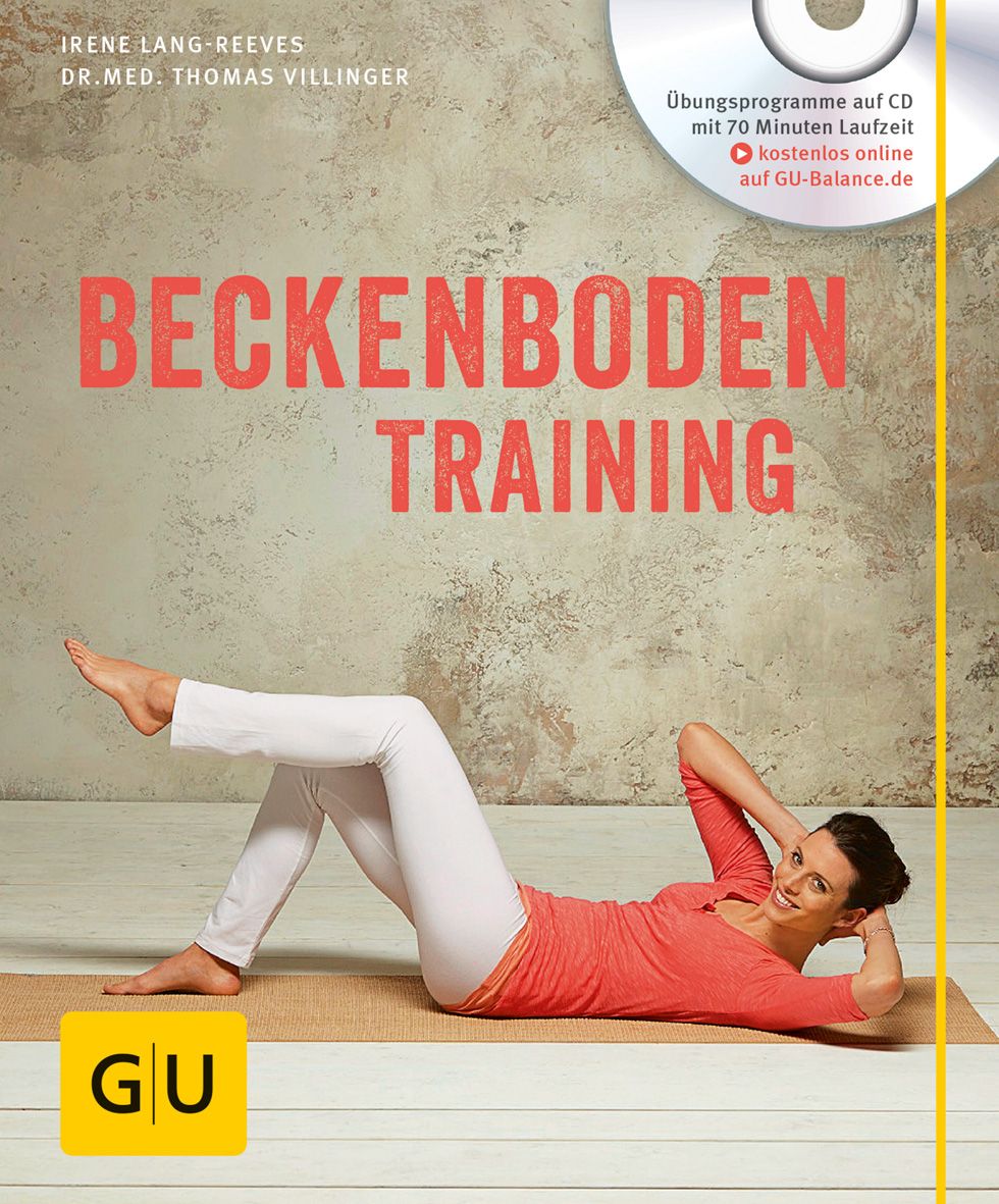 Buchcover mit Titel „Beckenboden Training“. Frau in Sportkleidung auf Matte. CD und GU-Logo sichtbar.