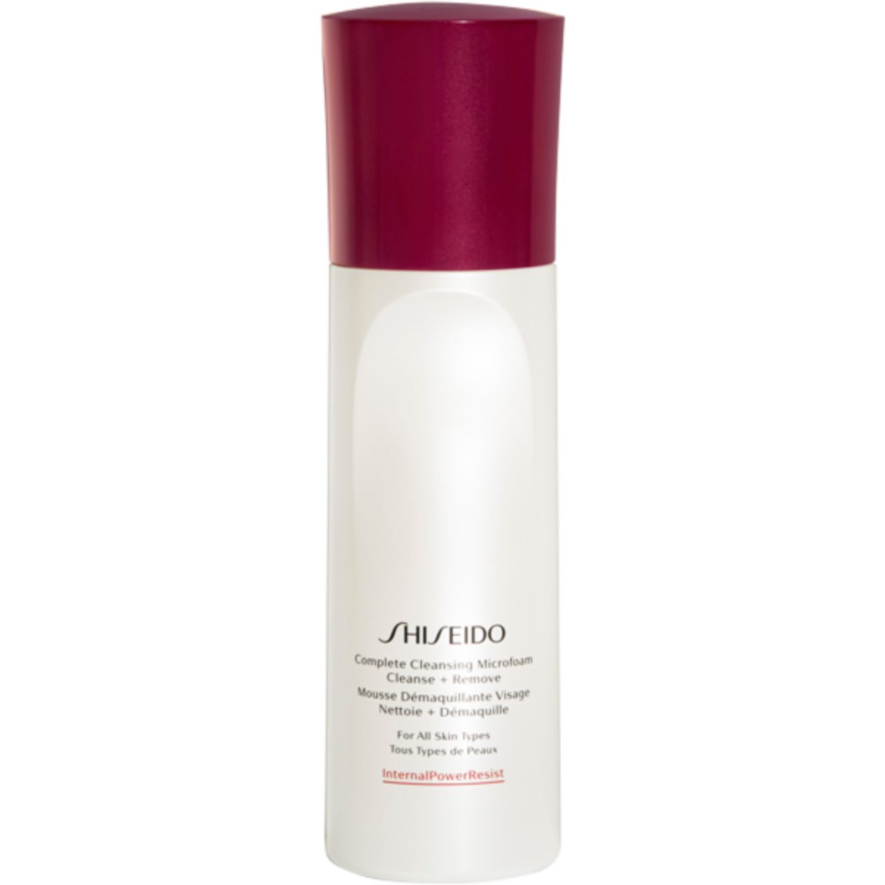 Weißes Shiseido-Reinigungsschaum-Fläschchen mit bordeauxrotem Deckel. Produktbezeichnung und Text auf dem Etikett.