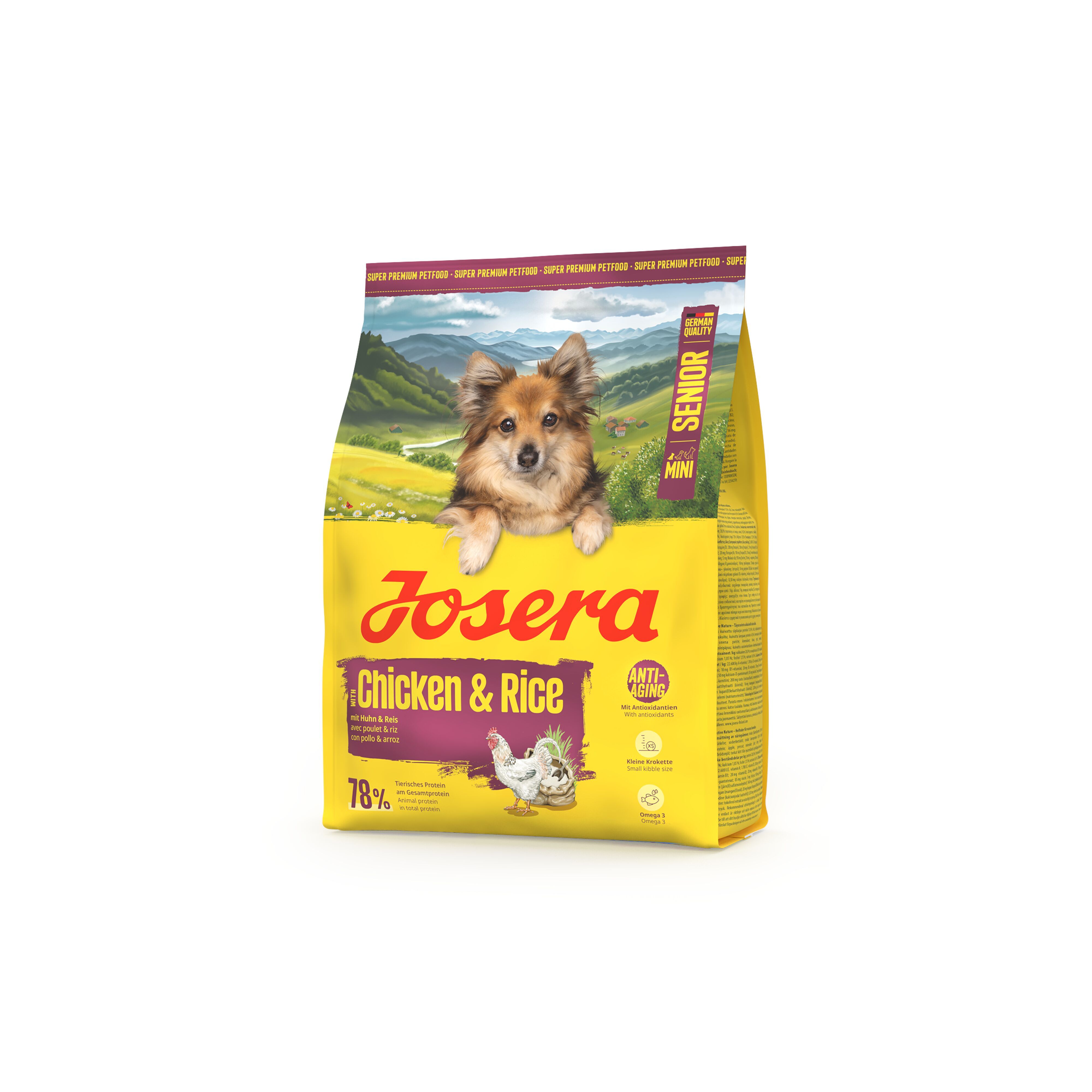 Gelbe Verpackung mit Hund, Produktname und Schriftzug. Enthält Huhn & Reis. Mit Anti-Aging-Formel.