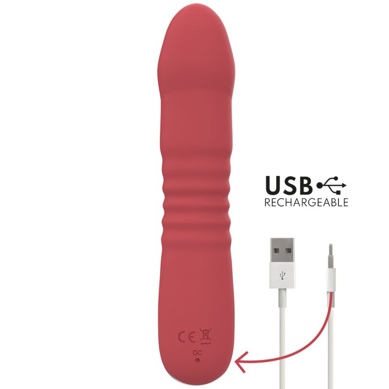 Roter Vibrator mit geriffelter Oberfläche. USB-Ladekabel und Stecker. Text: USB RECHARGEABLE.