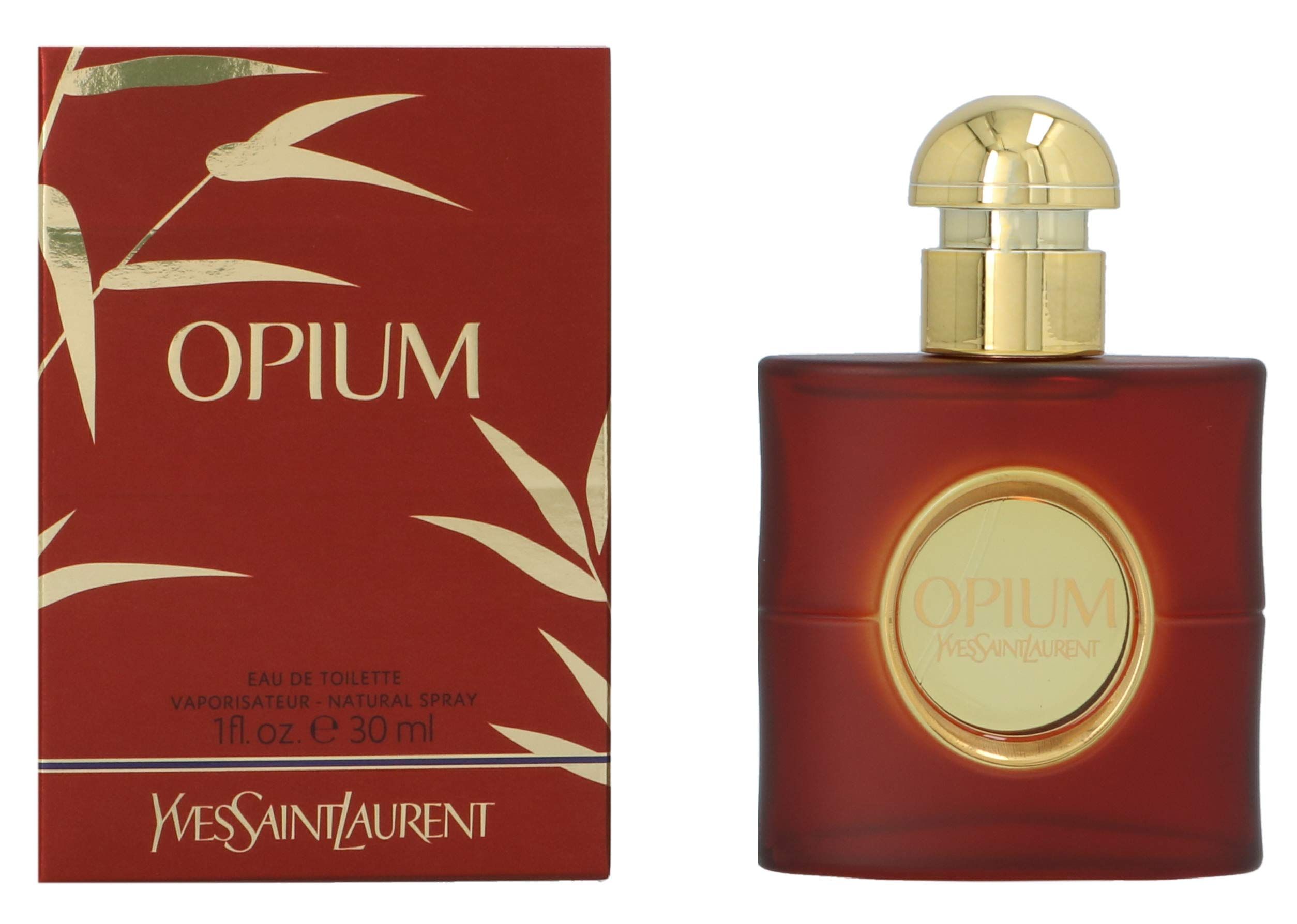 Rote Verpackung und Flakon. Verpackung mit Bambusmuster und "Opium". Flakon: "Opium Yves Saint Laurent".