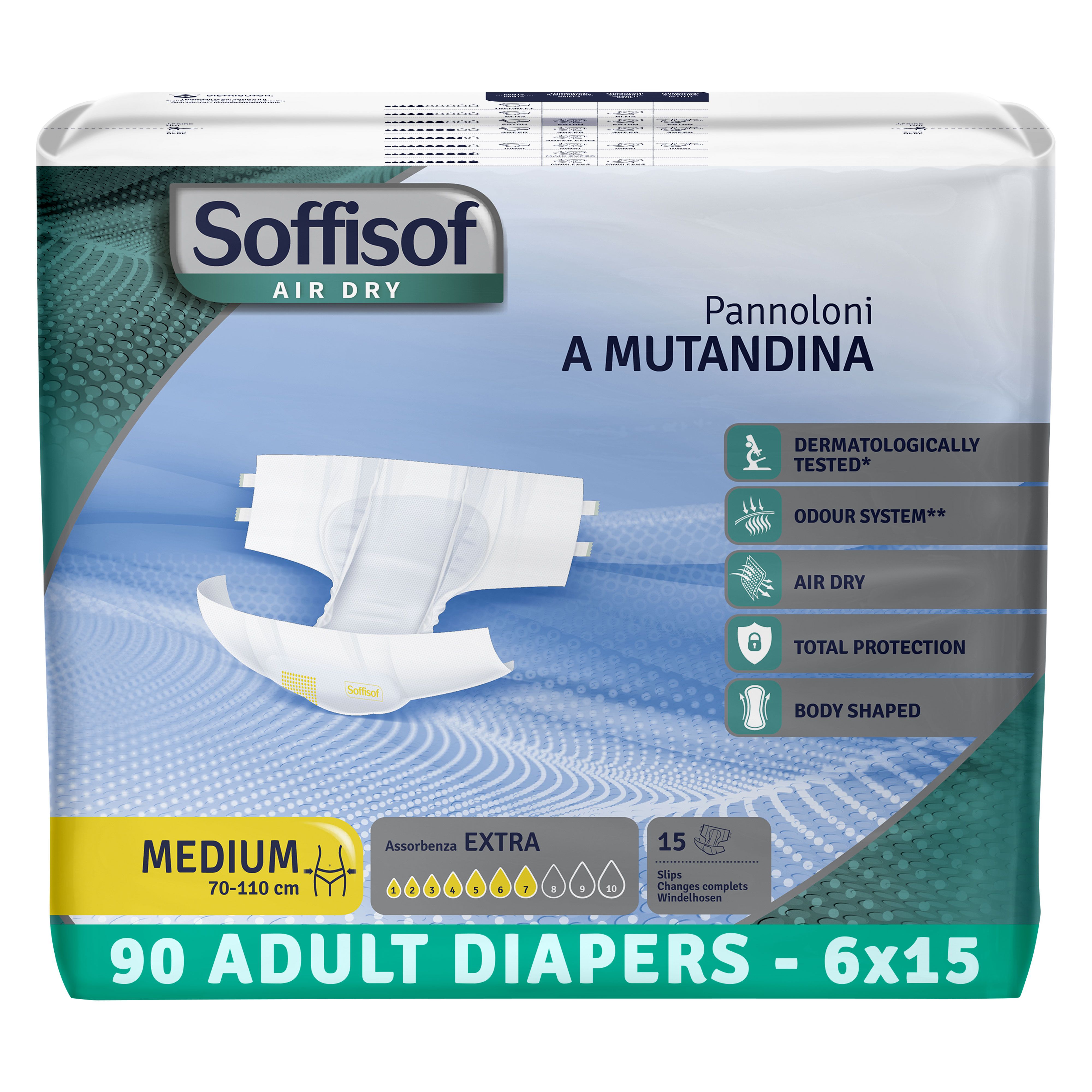 Verpakking Soffisof Air Dry luiers voor volwassenen Extra. Maat Medium, 70-110 cm. 90 stuks.