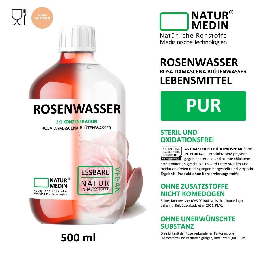 Flasche Rosenwasser, 500 ml. Aufschrift: Rosenwasser, 1:1 Konzentration, Rosa Damascena Blütenwasser. Vegan, essbare Natur-Inhaltsstoffe.