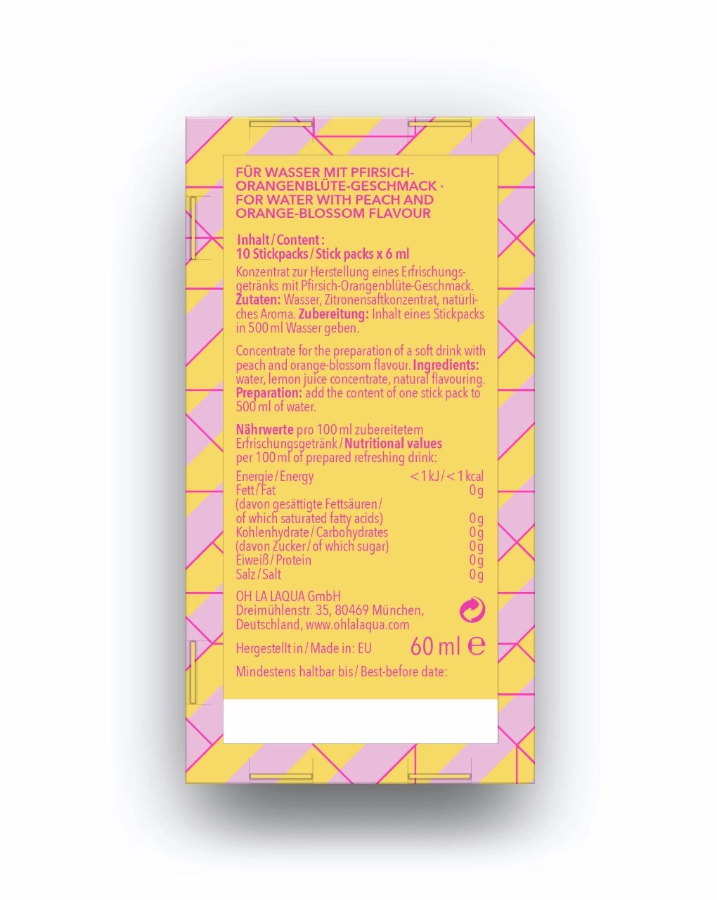 Rückseite der gelben Verpackung. Text mit Inhaltsangaben, Nährwerten und Herstellerinformationen. Aufschrift: Oh la laqua, 60 ml.