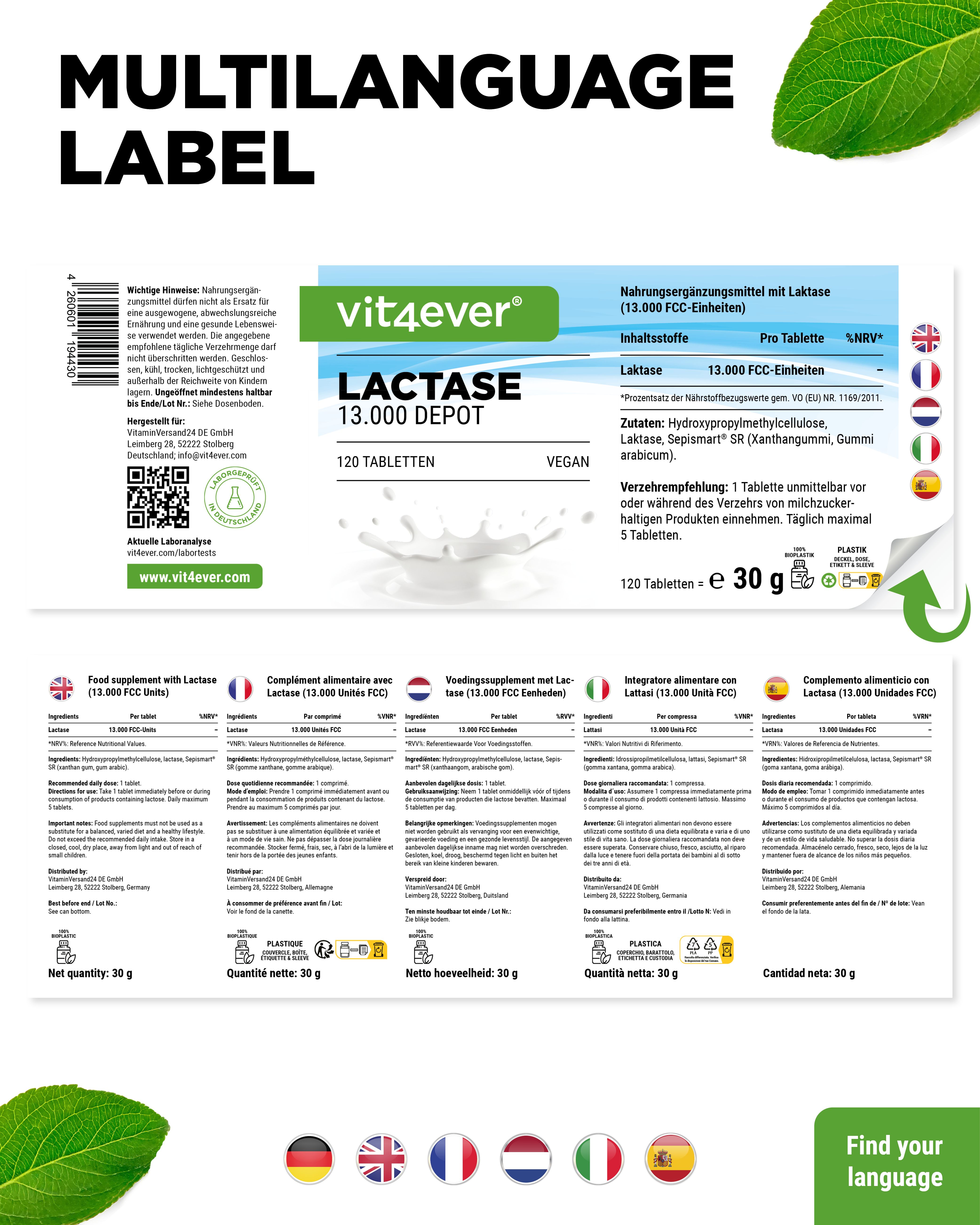 Tablettenfläschchen mit grünem Deckel. Aufschrift: Laktase 13.000 Depot. 120 Tabletten. Vegan. Etikett mit Nährwertangaben und mehrsprachigen Texten.
