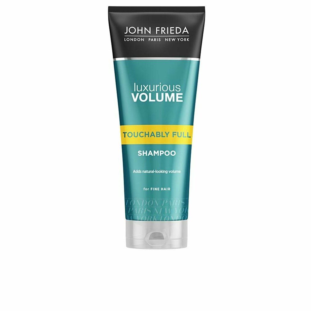 Shampoo-Tube mit schwarzem Deckel und grüner Schrift. Aufschrift: Luxurious Volume, Touchably Full, Shampoo. Für feines Haar.